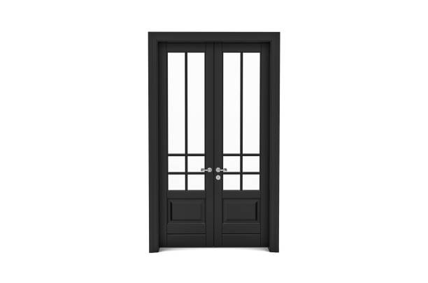 istock Open and closed black doors with arched panels, cornice, columns. Textured wooden doorways with silver trim, isolated on white. 3D rendering with copy space 1586802003