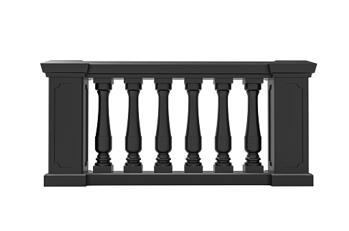 Front view black marble balustrade on white background. 3d rendering.