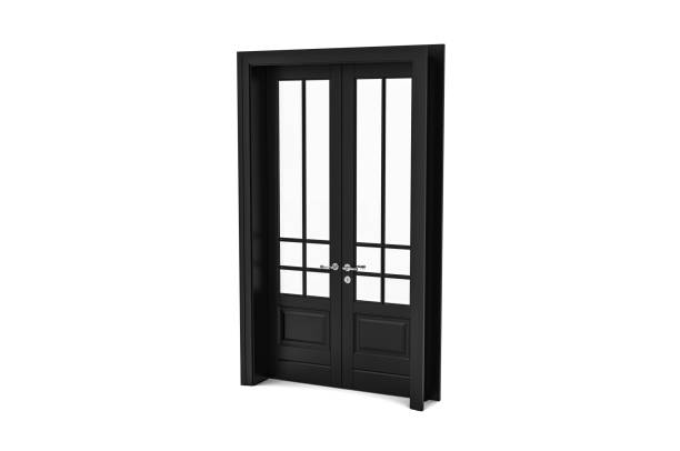 istock Open and closed black doors with arched panels, cornice, columns. Textured wooden doorways with silver trim, isolated on white. 3D rendering with copy space 1586808006