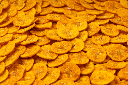 Kerala chips or Banana chips, cult snack item of Kerala,Isolated image with white background