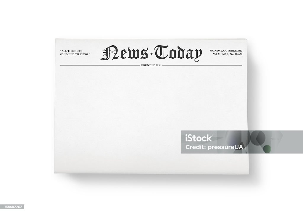 News today with blank space A stack of newspapers with headline "News Today" and blank space for information. Top view shot. Isolated on white. Newspaper Stock Photo