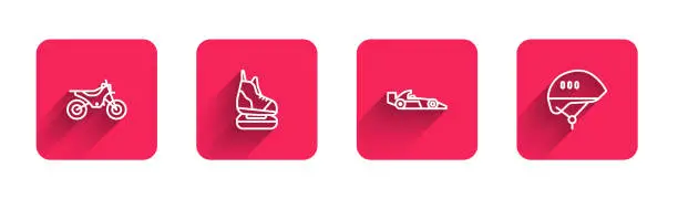 Vector illustration of Set line Mountain bike, Skates, Formula 1 racing car and Bicycle helmet with long shadow. Red square button. Vector