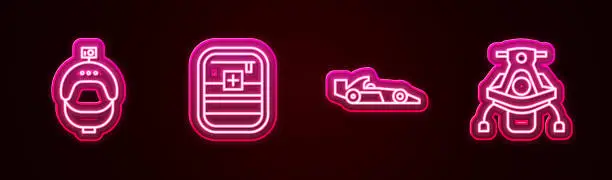 Vector illustration of Set line Helmet and action camera, First aid kit, Formula 1 racing car and Snowmobile. Glowing neon icon. Vector