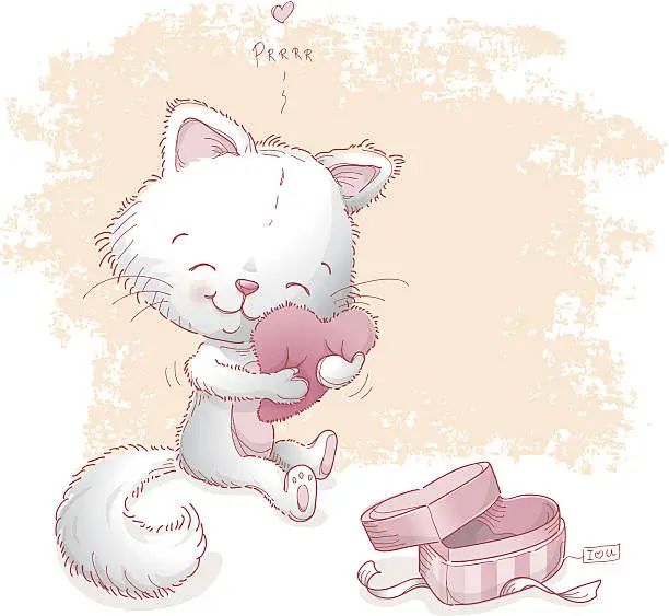 Vector illustration of Cat hugging Valentine heart pillow