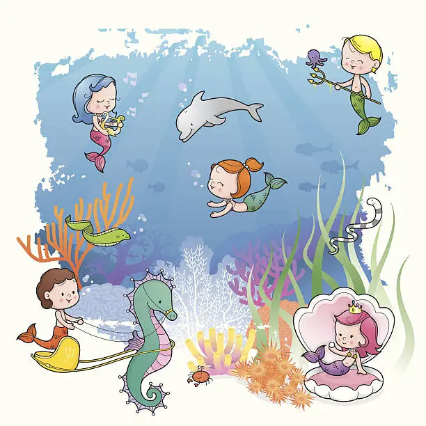 Vector illustration of Under the sea with mermaid kids