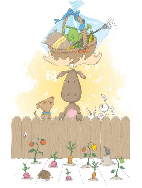 Vector illustration of Happy Gardening with friends moose