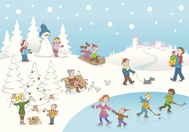 Vector illustration of Christmas winterscene kids playing snow