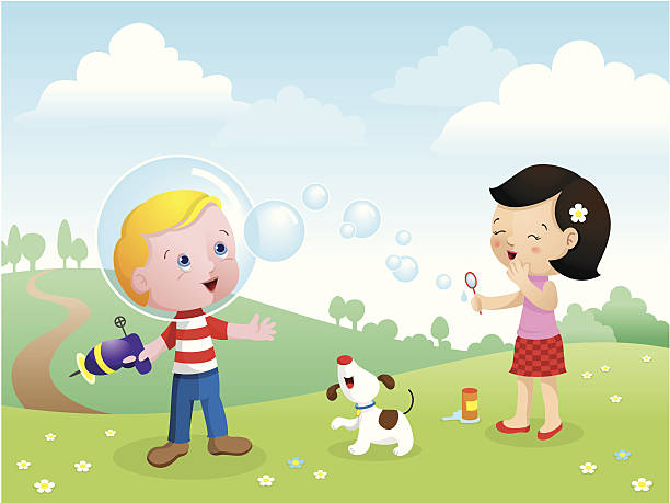 Let's play space kids blowing bubbles vector art illustration