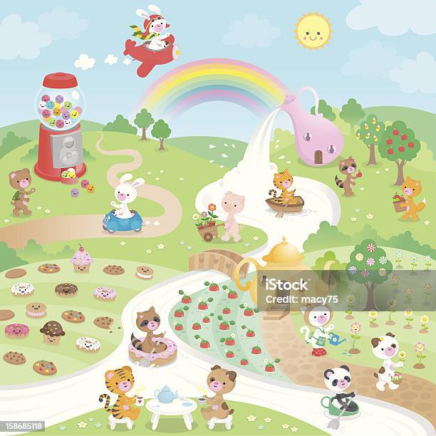 Милый Kawaii Sweet Candy Paradise И Животные — стоковая векторная графика и другие изображения на тему Кавайный - Кавайный, За городом, Кролик - животное