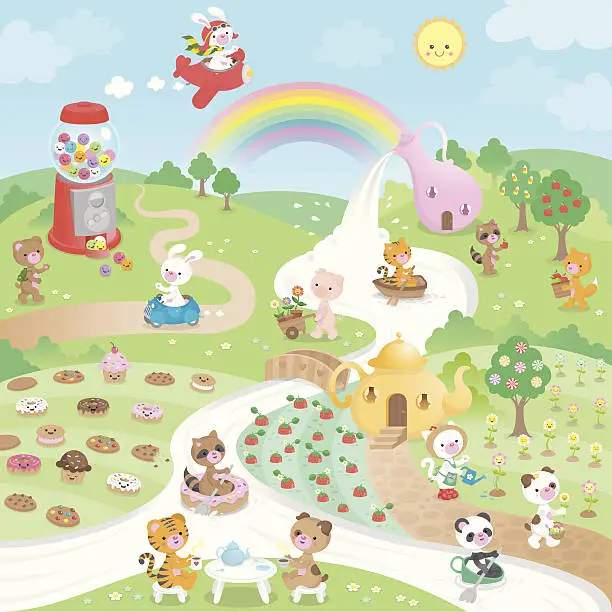 Vector illustration of Cute kawaii sweet candy paradise and animals