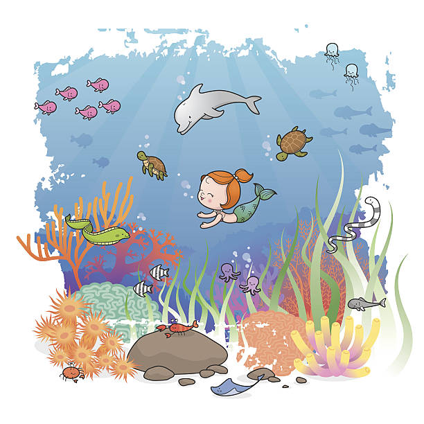 Mermaid girl and friends vector art illustration