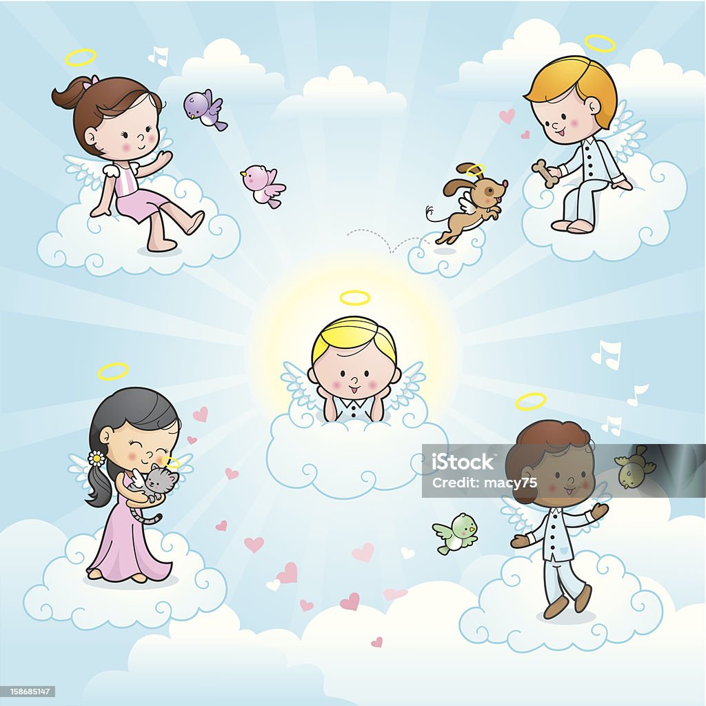 Happy angel kids in heaven Cute little angels in heaven. Angel stock vector