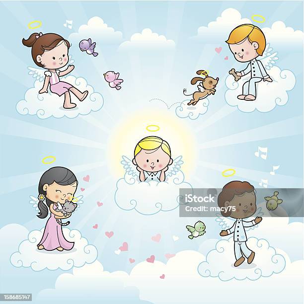 Happy Angel Kids In Heaven Stock Illustration - Download Image Now - Angel, Cartoon, Cloud - Sky