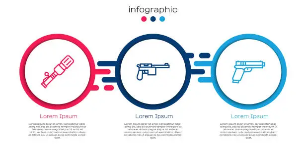 Vector illustration of Set line Anti-tank hand grenade, Mauser gun and Pistol or. Business infographic template. Vector