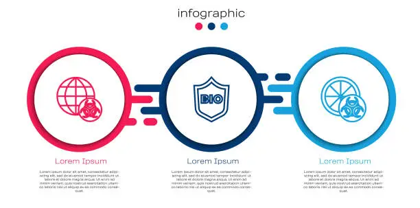 Vector illustration of Set line GMO, Shield for bio healthy food and Genetically modified orange. Business infographic template. Vector