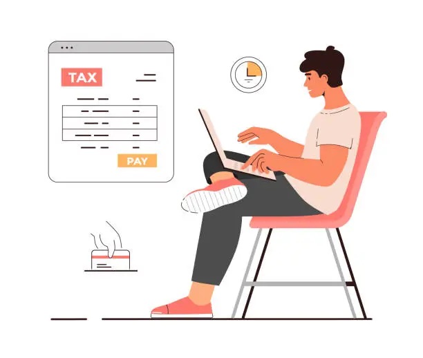 Vector illustration of Online tax payment vector illustration. Tax calculation, making income tax return. Personal financial account. Young man pay bills online on the website form via laptop.