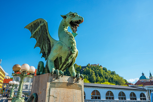 Dragon bridge (Zmajski most), symbol of Ljubljana, capital of Slovenia, during a beautiful springtime day.