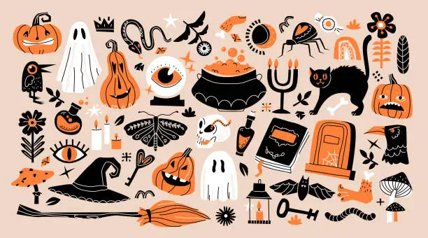 Vector illustration of A mystical set for Halloween. Cute cartoon spooky characters. Hand drawn trendy vector illustration in folk style.