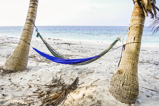 Hammock beside tropical beach with coconut trees and blue sky on Sunny day. Concept for travel, tourism, slow life, relaxation, holiday, vacation. Copy empty blank text space.