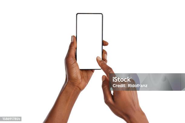Black Woman Hands Using Phone Isolated On White Background Stock Photo - Download Image Now