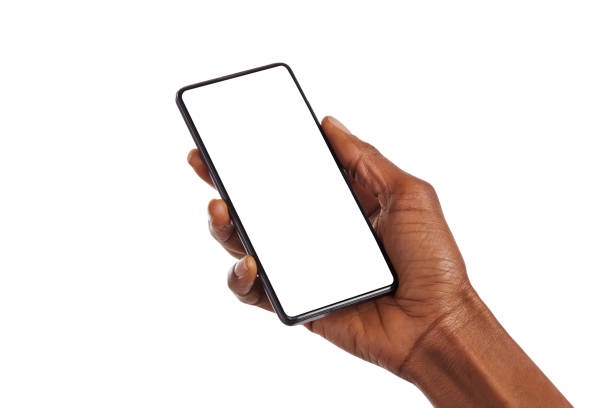 istock Black female hand holding smart phone with empty screen 1586918997