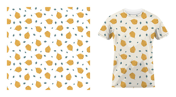 Short sleeved cotton sports t shirt decorated seamless pattern with quince fruit whole and leaves. Exotic fruit party. Comfortable summer clothes. Vector ornament for design of textile and fabric