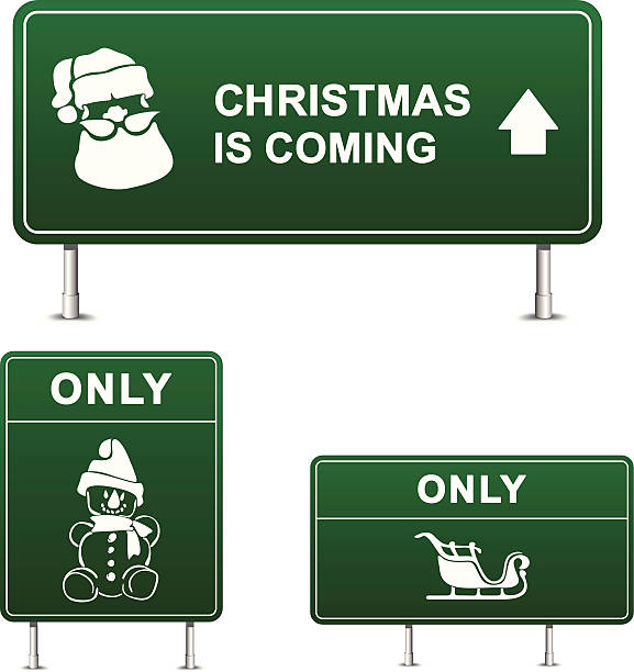 Green Christmas road signs Road signs on which popular symbols of the holiday санта клаус stock illustrations