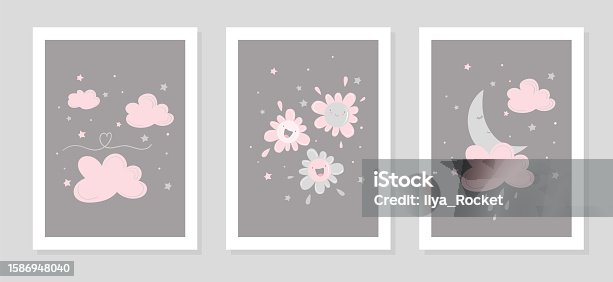 istock Hand-drawn wall art with clouds, smiling flowers, moon and stars. Vector illustrations set for kid's room decoration. 1586948040