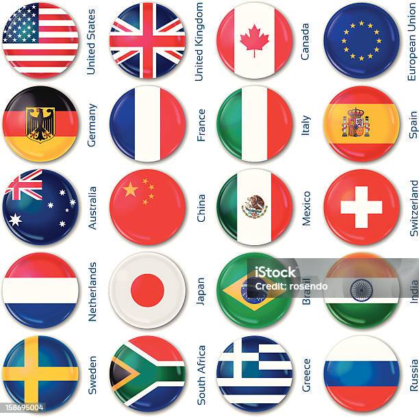 Круглые Метки Популярных Стран — стоковая векторная графика и другие изображения на тему Флаг - Флаг, Круг, Кнопка для нажатия