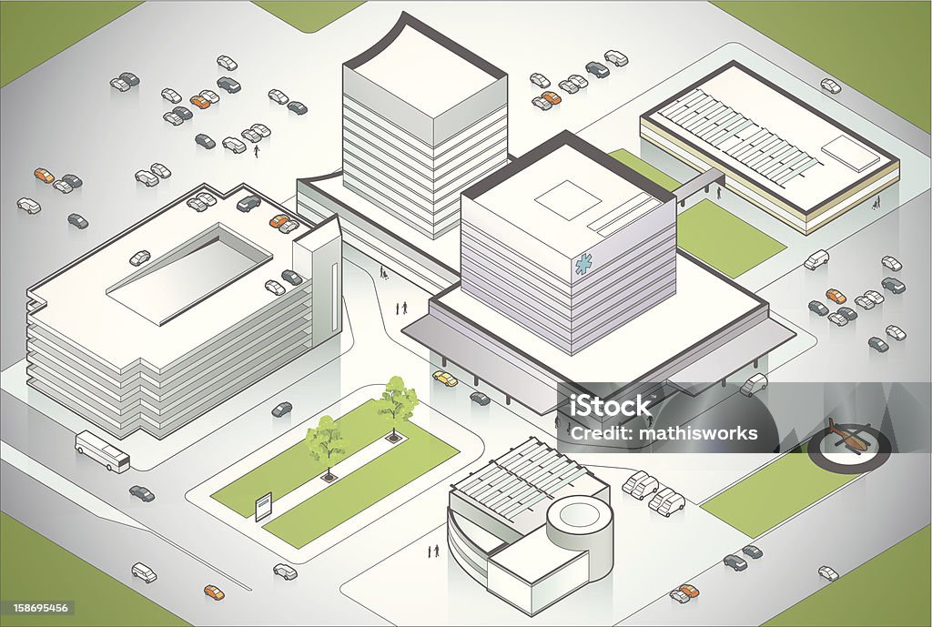 Hospital Campus Illustration A large, modern hospital seen in aerial view. Includes high-quality JPEG and EPS10 with transparencies. See more healthcare illustrations. Hospital stock vector