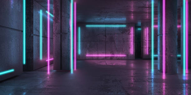 istock Neon and blue neon beams in dark room 1586954998