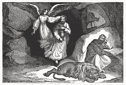 Habakkuk brings food to Daniel in the lions' den (Book of Daniel 14, Apocrypha). Wood engraving, published in 1835.