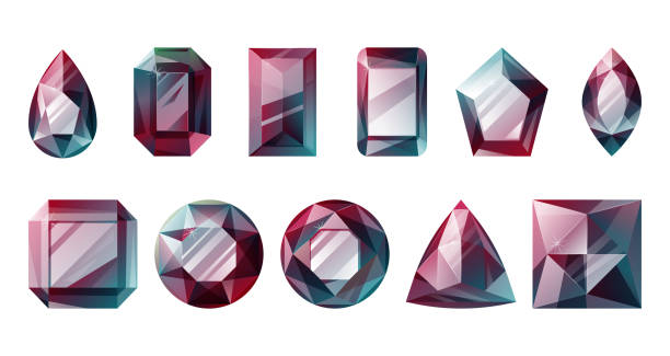 ilustrações, clipart, desenhos animados e ícones de conjunto de brilhantes desenhos animados vetoriais facetados pedras preciosas de rubi em diferentes formas. - diamond gem sapphire ruby