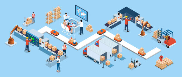 ilustrações de stock, clip art, desenhos animados e ícones de 3d isometric automated warehouse robots and smart warehouse technology concept with warehouse automation system and autonomous robot transportation operation service. vector illustration eps 10 - distribution warehouse illustrations