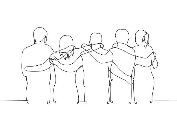 Vector illustration of group of people hugging - one line drawing vector. concept friends guys and girls stand in a row hugging a wall