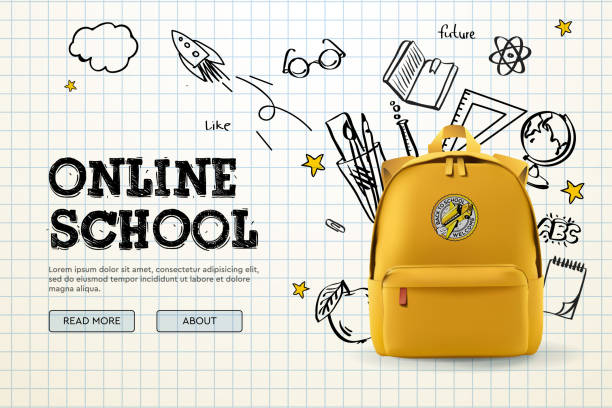 Back to school, online school banner, poster. Yellow backpack with school supplies on the background of a checkered paper with different doodle scientific icons, vector illustration vector art illustration