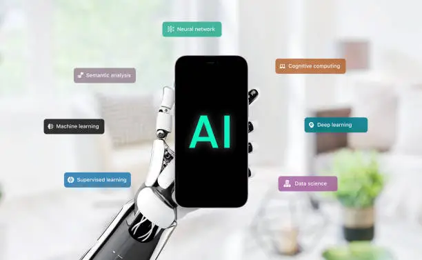 Artificial intelligence concept of smart phone with AI text on screen in robot hand surrounded by artificial intelligence terms