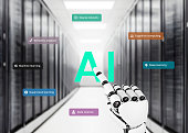 Artificial intelligence robot hand touch in computer, server room with AI terms flying around. Concept of developing artificial intelligence and machine learning with the hardware resources
