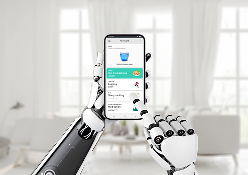 Artificial intelligence for health management concept. Robot hand holds a mobile phone with a health app. App tracks nutrition, exercise, and other aspects of a healthy lifestyle