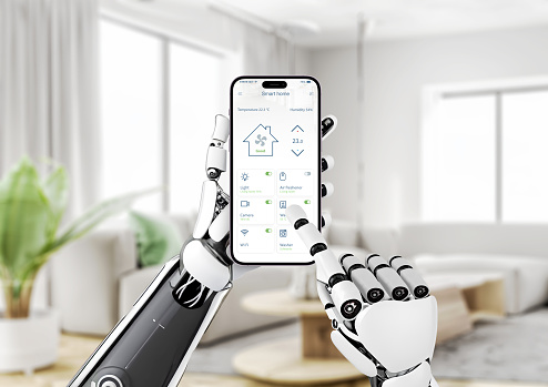 Robot controls the temperature and other parameters of the smart house with the mobile app. The concept of technology development and service management with the help of artificial intelligence