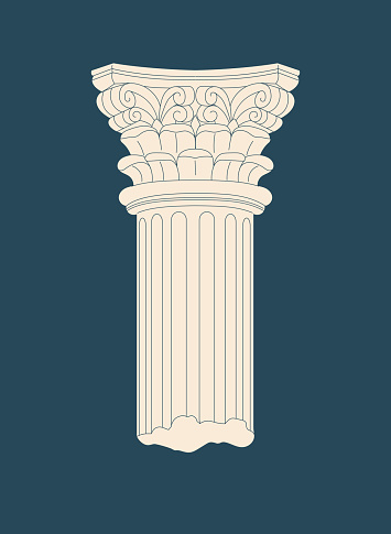 Antique marble column concept. Retro creativity and art. Tradional Greek and Ionic architecture. Template, layout and mock up. Cartoon flat vector illustration isolated on blue background