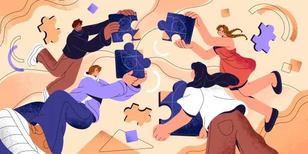 Vector illustration of Teamwork, team building concept. People connect pieces of puzzle together, men and women make corporate business goal, success solution in collaboration, create unity company. Flat vector illustration