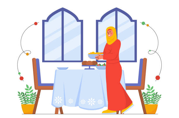 Muslim woman with traditional food vector Muslim woman with traditional food. Young girl in red dress with yellow hijab. Islam and arabic culture. Character prepare for religious celebration, festival. Cartoon flat vector illustration allah the god islam cartoons stock illustrations
