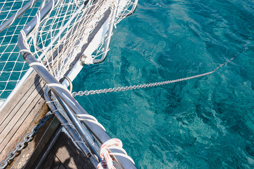 Sailboat on the sea. Taken via drone. Antalya, Turkey.