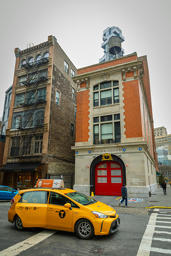 February 7, 2019: The iconic Hook & Ladder 8 fire station in Lower Manhattan Soho. Made famous by the original Ghostbusters movie. New York.