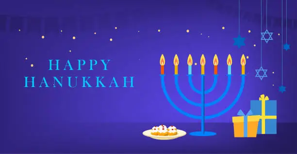 Vector illustration of Hanukkah. Festival of Lights, Jewish celebration.Banner with empty space for text, the star of the Jewish Jews.