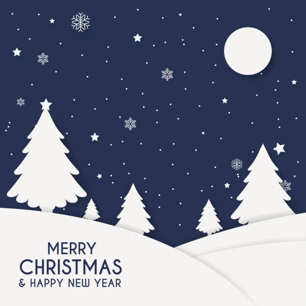 istock Merry chrismas and Happy new year greeting card. Winter night with christmas tree and moon. Paper art style. Vector 1587050875