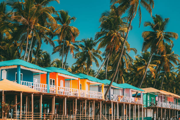 Canacona, Goa, India. Famous Painted Guest Houses On Beach Against Background Of Tall Palm Trees In Sunny Day Canacona, Goa, India. Famous Painted Guest Houses On Palolem Beach Against Background Of Tall Palm Trees In Sunny Day. palolem beach stock pictures, royalty-free photos & images