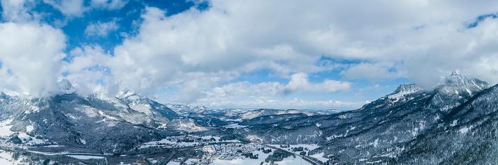 spring snow panorama over pflach in tyrol in beautiful morning weather with a cloudy sky for the back wall of the kitchen, for example
