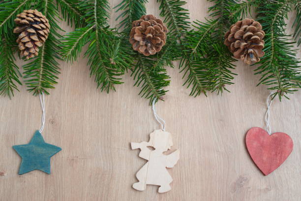 istock Christmas flat lay with pine branches and Christmas ornaments 1587069964